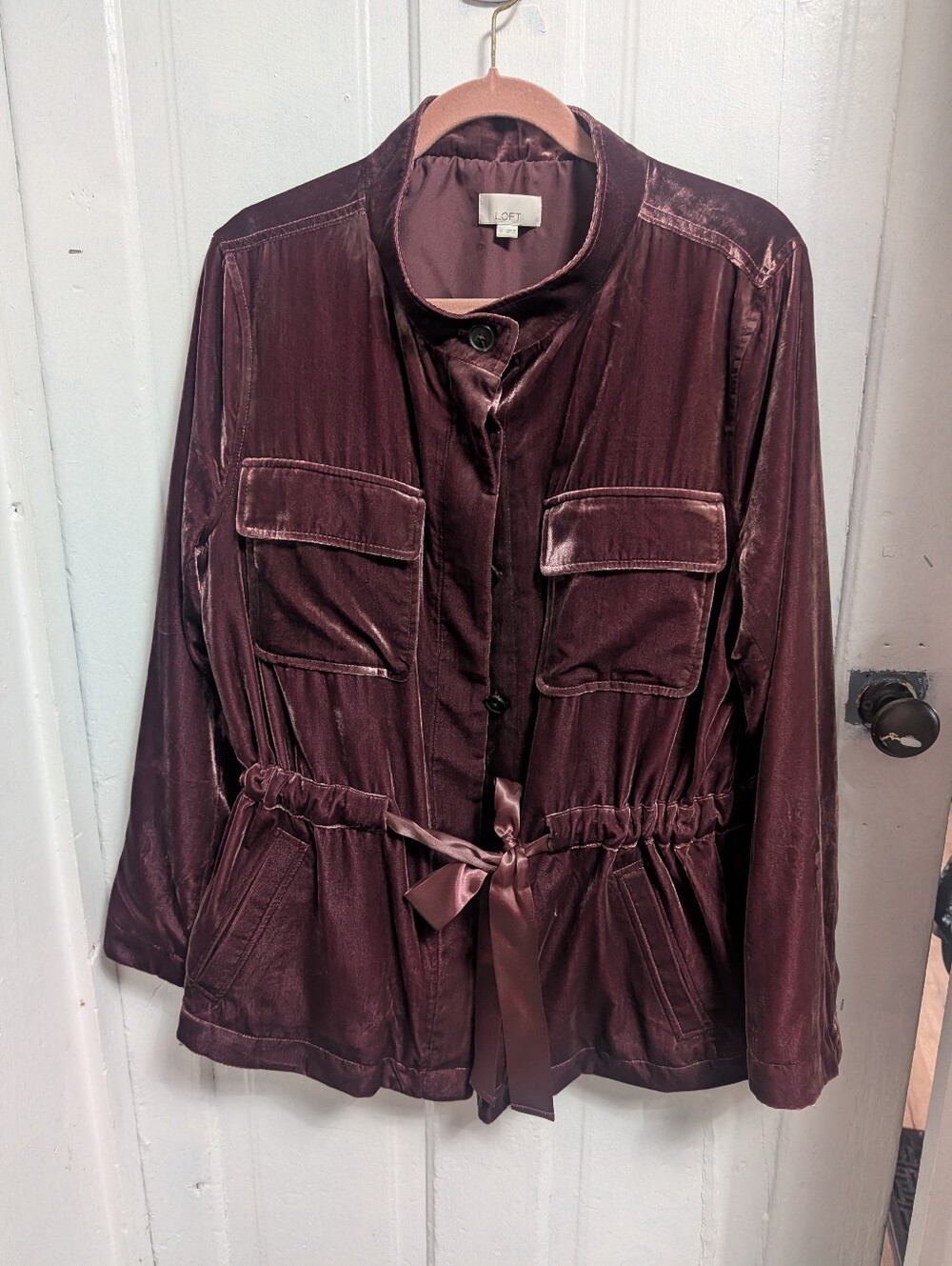 LOFT Velvet Drawstring Utility Jacket in Plum XL
